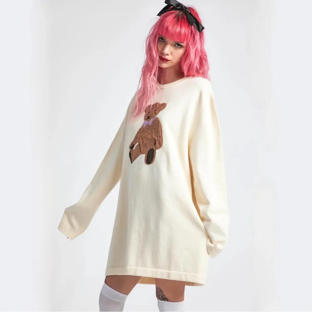 dELiA*s by Dolls Kill On Cloud Fine Oversized Intarsia Bear Sweater White Small - Picture 2 of 7